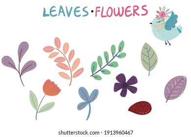 Abstract vector children's drawing, unicorn, flowers, leaves and birds