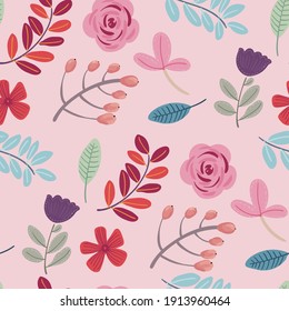 Abstract vector children's drawings, unicorns, flowers, leaves and birds seamless pattern