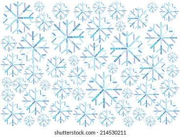 abstract vector christmas background with blue snowflakes made of words isolated on white