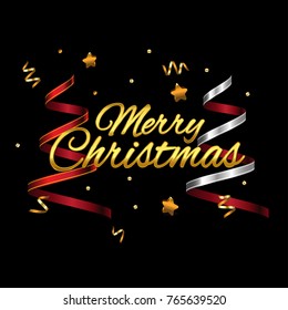 Abstract Vector Christmas Background, Holiday Cards with 3D Elements, Merry Christmas Gradient Ribbons and Stars, Greeting Cards, X-mas Invitations, Golden Christmas Posters