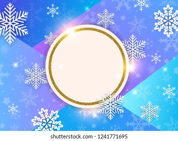 Abstract vector Christmas background with snowflakes and golden frame. Design for New Year seasonal sale