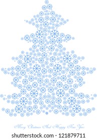 abstract vector christmas card design with tree made of small snow flakes in blue isolated on white background