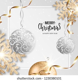 Abstract vector Christmas greeting card with silver snowflakes and event balls