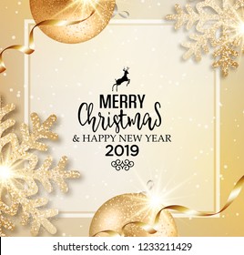 Tarjeta de felicitación de Navidad vectorial abstracta con copos de nieve dorados y bolas de eventos