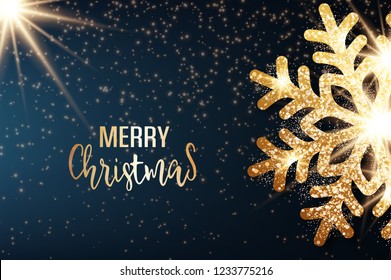 Abstract vector Christmas greeting card with golden snowflake and bright stars