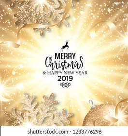 Abstract vector Christmas greeting card with golden snowflakes and event ball