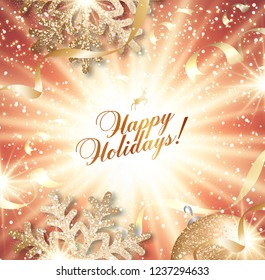 Abstract vector Christmas greeting card with golden snowflakes and event ball