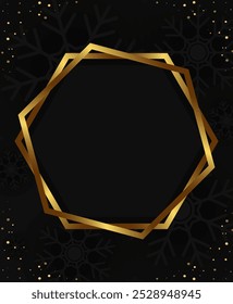 Abstract vector Christmas holiday background with dark snowflakes, round banner and golden dust corners