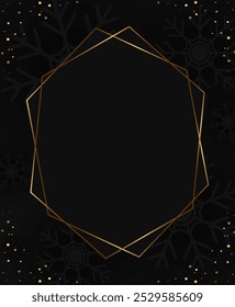 Abstract vector Christmas holiday background with dark snowflakes, figured banner and golden dust corners