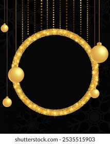 Abstract vector Christmas holiday background with dark snowflakes, round banner and hanging golden garland