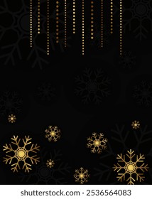 Abstrakter Vektor Weihnachtsfeiertag Hintergrund mit dunklen und goldenen Schneeflocken und hängende goldene Girlande 