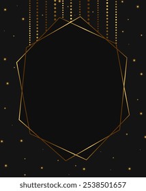 Abstract vector Christmas holiday background with sparkle stars, gold frame and hanging golden garland 