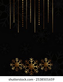 Vetor abstrato fundo de Natal com flocos de neve escuros e dourados e grinalda dourada pendurada 