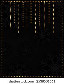 Fondo de vacaciones de Navidades de Vector Abstractas con copos de nieve oscuros, marco de oro y guirnalda dorada colgante 
