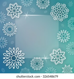 Abstract vector Christmas illustration with white linear snowflakes on a blue blurred background. New Year greeting card design with copy space for text. Winter seasonal border banner