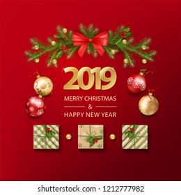 Abstract vector Christmas and New Year background with 2019 Numbers, with ornaments and gifts