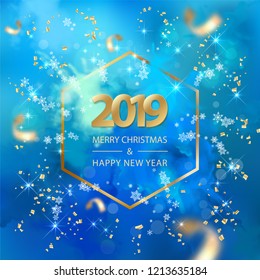 Abstract vector Christmas and New Year background with 2019 Numbers, snowflakes and flying serpentine