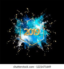 Abstract vector Christmas and New Year background with watercolor splash, 2019 Numbers, snowflakes and flying serpentine