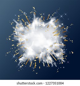 Abstract Vector Christmas And New Year Background With Snow Explosion, 2019 Numbers, Snowflakes And Golden Rays. Blast Of White Powder