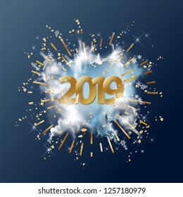 Abstract vector Christmas and New Year background with snow explosion, 2019 Numbers, snowflakes and golden rays. Blast of white powder