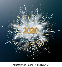 Abstract Vector Christmas And New Year Background With Snow Explosion, 2020 Numbers, Snowflakes And Golden Rays. Blast Of White Powder