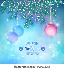 Abstract Vector Christmas and New Year Background with Christmas tree branches, Xmas ornaments