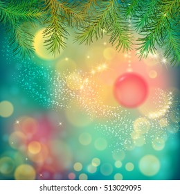 Abstract Vector Christmas and New Year Background with Christmas tree branches, Xmas ornaments