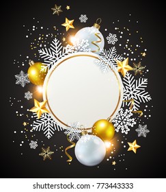 Abstract vector Christmas round banner with snowflakes. White and golden decorations on a black background. 