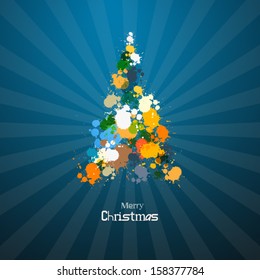 Abstract Vector Christmas Tree Made from Blots, Splashes on Blue Background