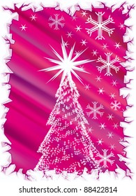 Resumen de árbol de navidad vectorial con fondo morado, copos de nieve y borde de hielo