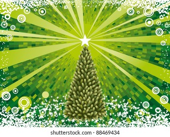Resumen de árbol de navidad vectorial con fondo verde brillante y borde de copos de nieve