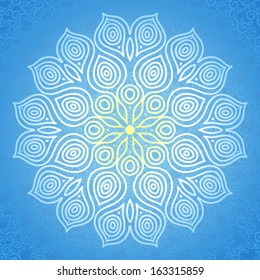 Abstract vector circle background. Lace pattern design. White ornament on blue scroll background. It can be used for decorating of wedding invitations, greeting cards, decoration for bags and clothes.