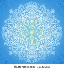 Abstract vector circle background. Lace pattern design. White ornament on blue scroll background. It can be used for decorating of wedding invitations, greeting cards, decoration for bags and clothes.
