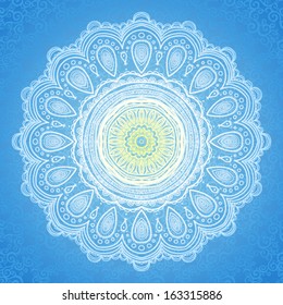 Abstract vector circle background. Lace pattern design. White ornament on blue scroll background. It can be used for decorating of wedding invitations, greeting cards, decoration for bags and clothes.