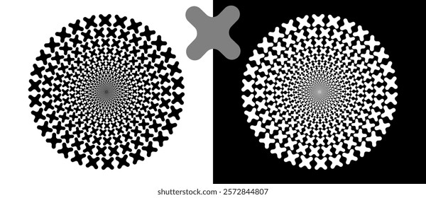 Abstract vector circle with crosses as logo or icon, design element. Black shape on a white background and the same white shape on the black side.