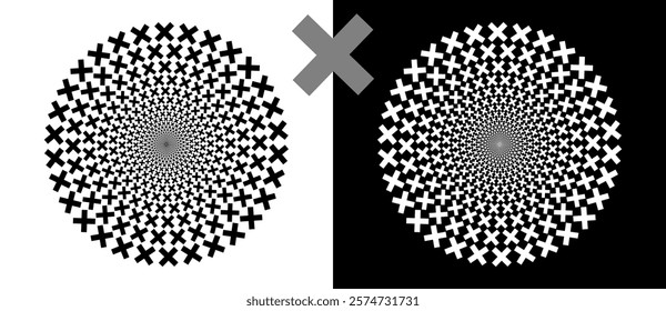 Abstract vector circle with crosses as logo or icon, design element. Black shape on a white background and the same white shape on the black side.