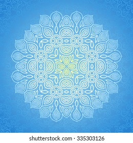 Abstract vector circle doily. Lace pattern design. White ornament on blue scroll background. Ornate snowflake for New Year's and Christmas design. Decor for invitation, greeting card.