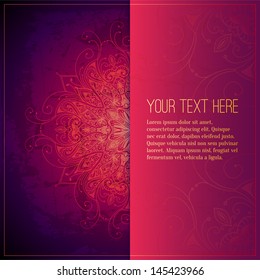 Abstract vector circle floral ornament. Lace pattern design. Vintage ornament on red background. Vector ornamental border frame can be used for banner, wedding invitation, book cover, certificate etc.