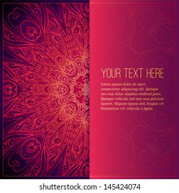 Ornamento floral de círculo vector abstracto. Diseño de patrones de encaje. Ornamento vintage sobre fondo rojo. El marco de borde ornamental vectorial se puede utilizar para banner, invitación a boda, portada de libro, certificado, etc.