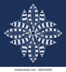 Abstract vector circle floral ornament. Lace pattern design. Vintage ornament on blue background. Vector Illustration