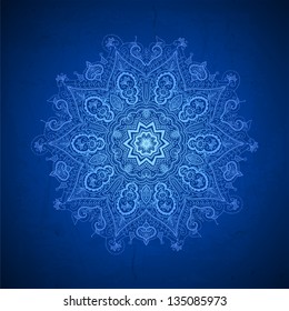 Abstract vector circle floral ornamental border. Lace pattern design. White ornament on blue background. Vector ornamental border frame. Can be used for banner, web design, wedding cards and others