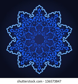 Abstract vector circle floral ornamental border. Lace pattern design. White ornament on blue background. Vector ornamental border frame. Can be used for banner, web design, wedding cards and others