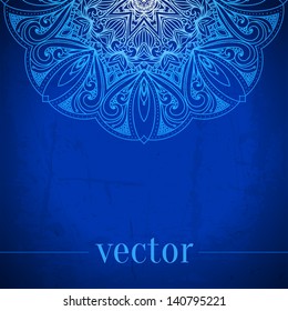 Abstract vector circle floral ornamental border. Lace pattern design. White ornament on blue background. Vector ornamental border frame. Can be used for banner, web design, wedding cards and others