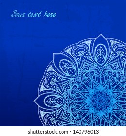 Abstract vector circle floral ornamental border. Lace pattern design. White ornament on blue background. Vector ornamental border frame. Can be used for banner, web design, wedding cards and others