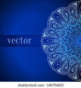 Abstract vector circle floral ornamental border. Lace pattern design. White ornament on blue background. Vector ornamental border frame. Can be used for banner, web design, wedding cards and others
