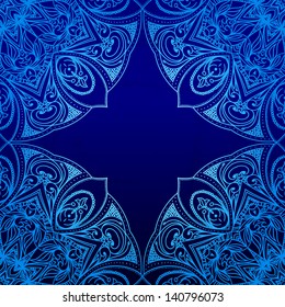 Abstract vector circle floral ornamental border. Lace pattern design. White ornament on blue background. Vector ornamental border frame. Can be used for banner, web design, wedding cards and others