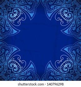 Abstract vector circle floral ornamental border. Lace pattern design. White ornament on blue background. Vector ornamental border frame. Can be used for banner, web design, wedding cards and others