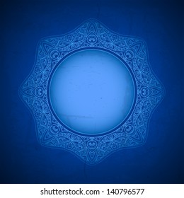 Borde ornamental floral del círculo vector abstracto. Diseño de patrones de encaje. Ornamento blanco sobre fondo azul. Marco de borde ornamental vectorial. Se puede utilizar para banner, diseño web, tarjetas de boda y otros