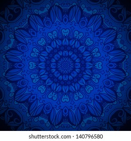 Abstract vector circle floral ornamental border. Lace pattern design. White ornament on blue background. Vector ornamental border frame. Can be used for banner, web design, wedding cards and others