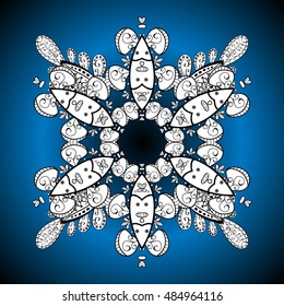 Abstract vector circle floral ornamental border. Lace pattern design. White ornament on blue round gradient background. Vector ornamental border frame.